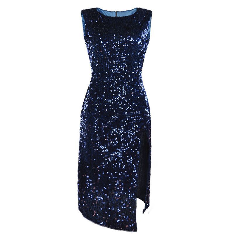 Damen Elegantes Party-Kleid mit glitzerndem Paillettenbesatz und hohem Schlitz EB