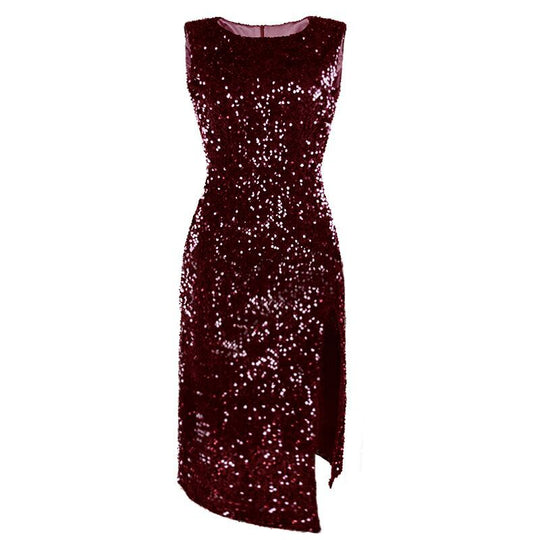Damen Elegantes Party-Kleid mit glitzerndem Paillettenbesatz und hohem Schlitz EB