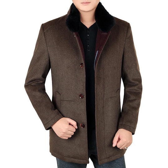 Herren Eleganter Wollmix-Kurzmantel mit abnehmbarem Faux-Fur-Kragen EB