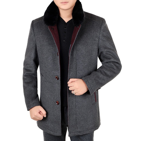 Herren Eleganter Wollmix-Kurzmantel mit abnehmbarem Faux-Fur-Kragen EB