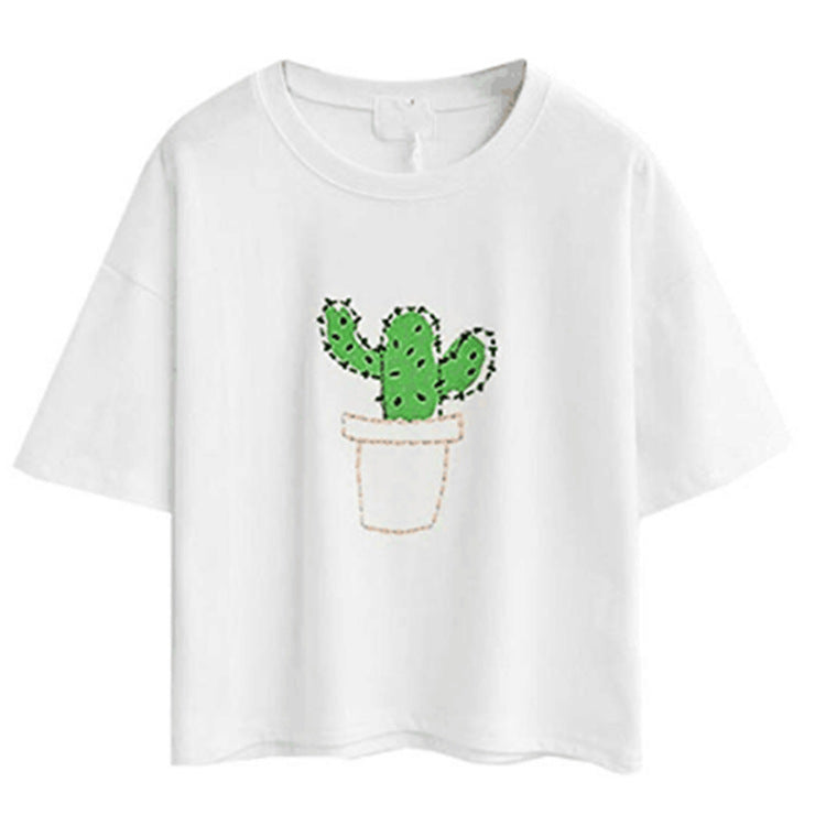 Damen lässiges T-Shirt mit süßem Katzen- und Pflanzenmotiv EB