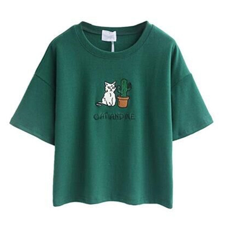 Damen lässiges T-Shirt mit süßem Katzen- und Pflanzenmotiv EB