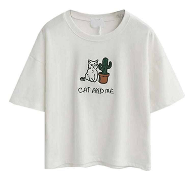 Damen lässiges T-Shirt mit süßem Katzen- und Pflanzenmotiv EB
