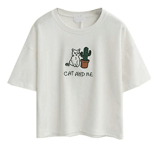Damen lässiges T-Shirt mit süßem Katzen- und Pflanzenmotiv EB
