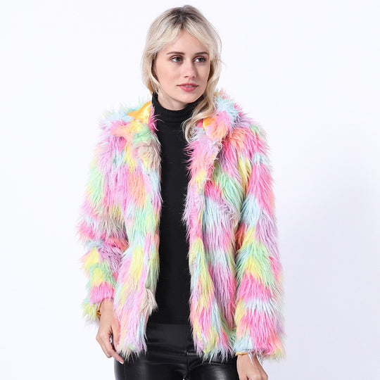 Damen Flauschige Kunstpelzjacke mit leuchtenden Farben EB