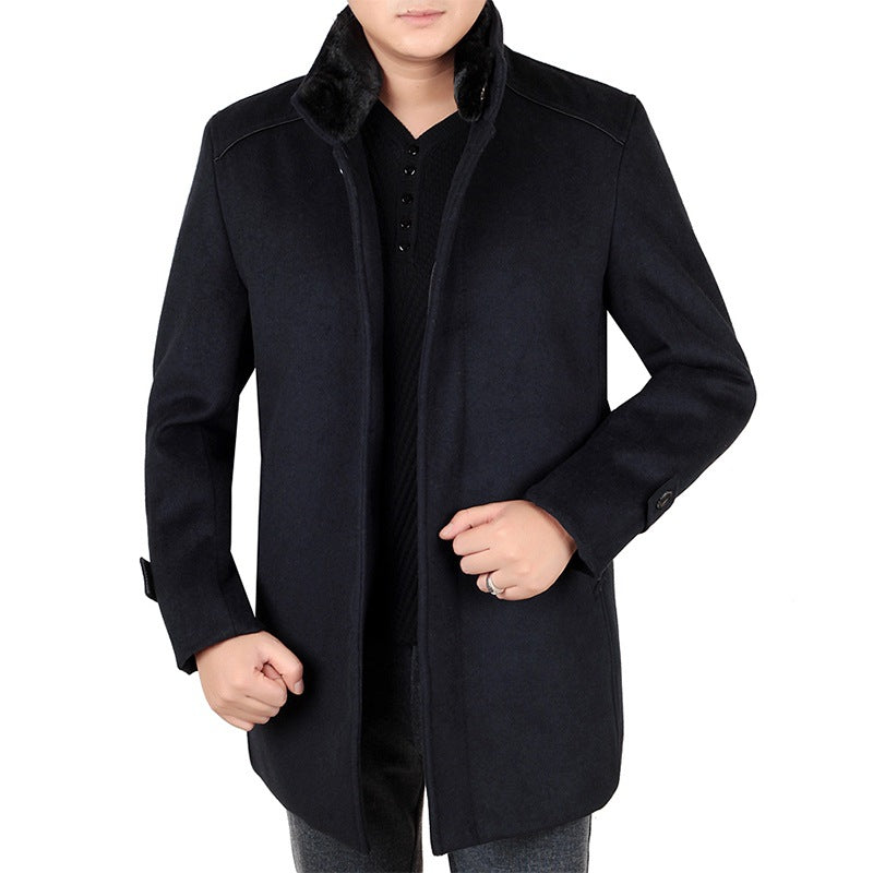 Herren Eleganter Wollmix-Kurzmantel mit hochschließendem Pelzkragen und verdeckter Knopfleiste EB