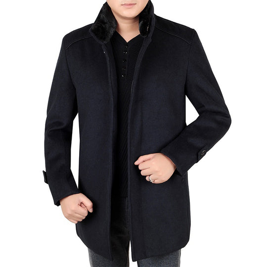 Herren Eleganter Wollmix-Kurzmantel mit hochschließendem Pelzkragen und verdeckter Knopfleiste EB