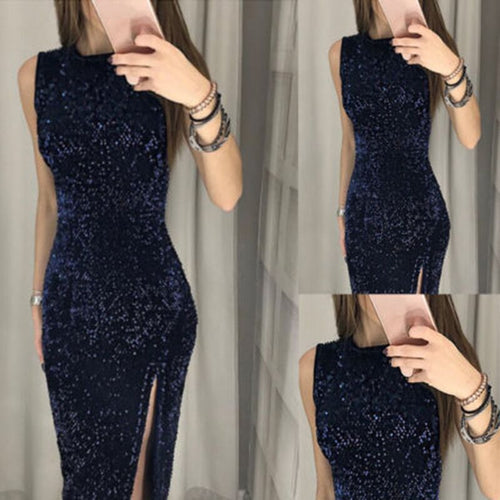 Damen Elegantes Party-Kleid mit glitzerndem Paillettenbesatz und hohem Schlitz EB