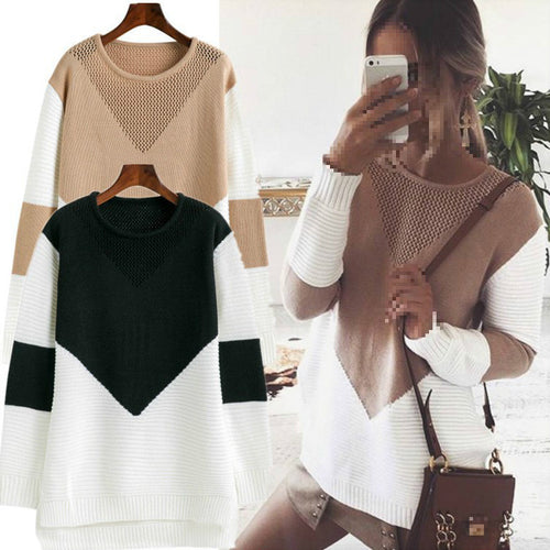 Damen modischer Pullover mit strukturiertem V-Ausschnitt und modernen Farbblöcken EB