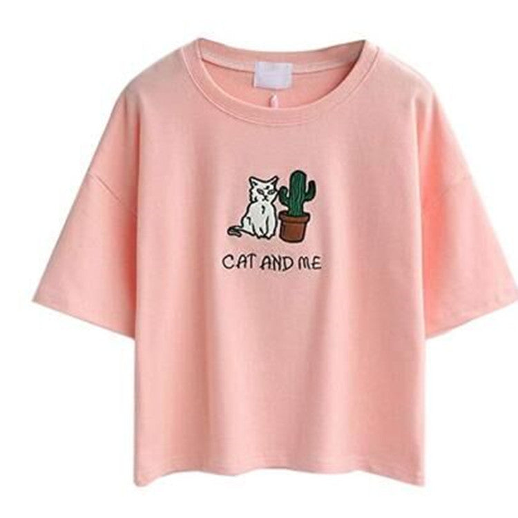 Damen lässiges T-Shirt mit süßem Katzen- und Pflanzenmotiv EB
