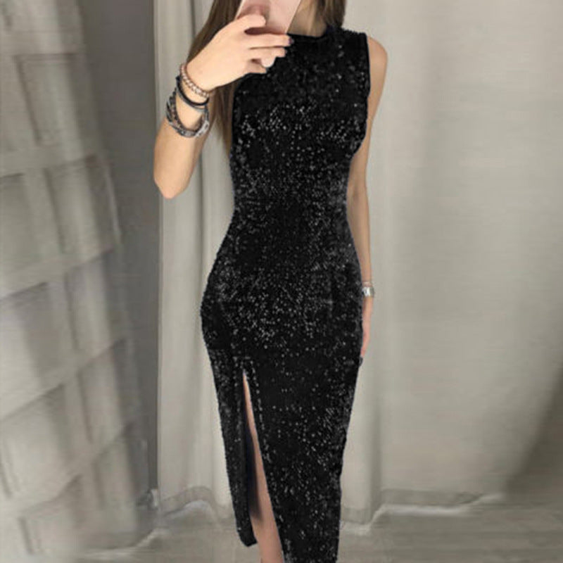 Damen Elegantes Party-Kleid mit glitzerndem Paillettenbesatz und hohem Schlitz EB