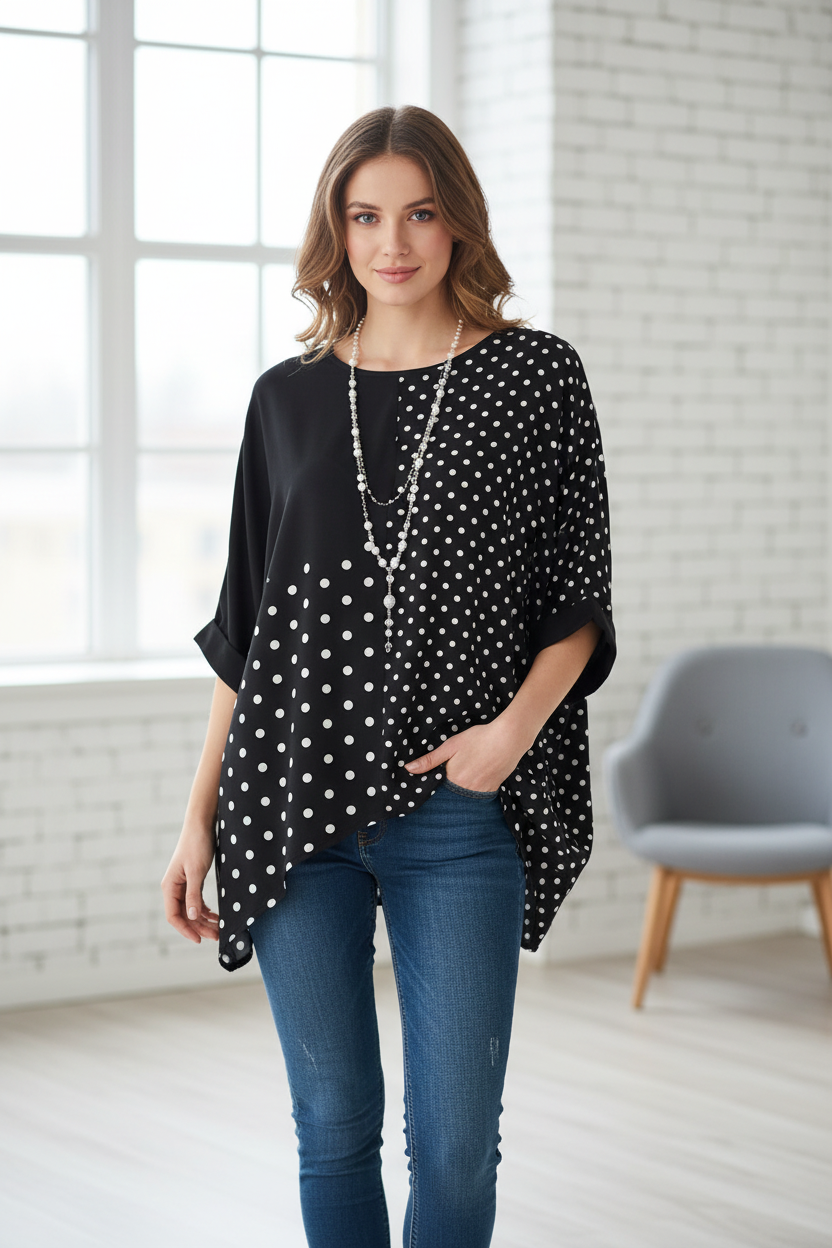 Damen Polka-Dots T-Shirt mit abgesetzten Schemata und modernem Schnitt Heidi-Mode
