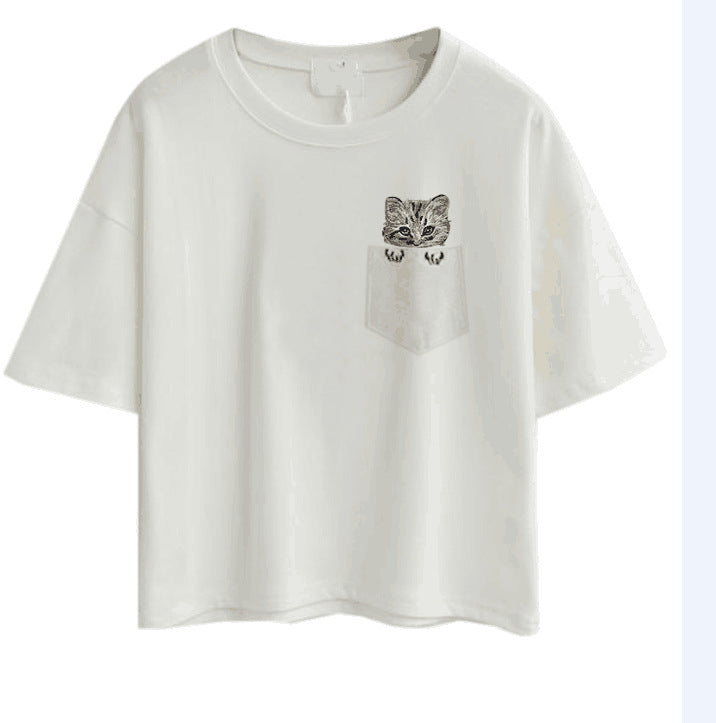 Damen lässiges T-Shirt mit süßem Katzen- und Pflanzenmotiv EB
