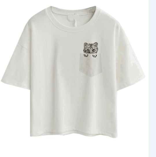 Damen lässiges T-Shirt mit süßem Katzen- und Pflanzenmotiv EB