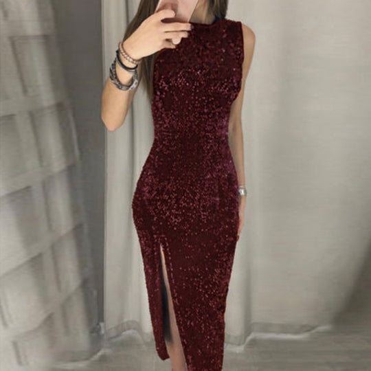 Damen Elegantes Party-Kleid mit glitzerndem Paillettenbesatz und hohem Schlitz EB