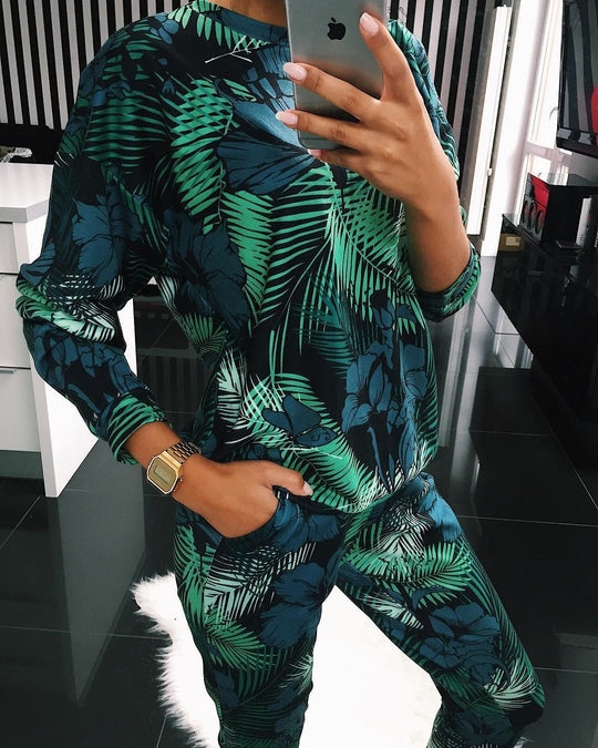 Damen Freizeitanzug mit floralem Print und praktischen Taschen EB