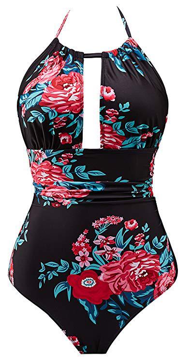 Damen Floral Badeanzug mit tiefem Ausschnitt EB