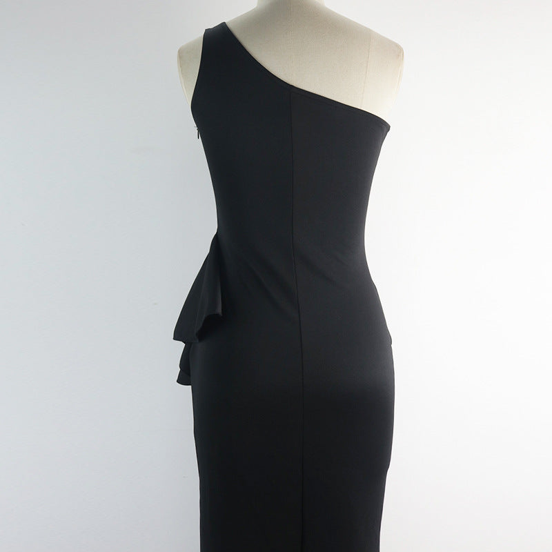 Damen elegantes asymmetrisches Maxikleid mit Rüschen und Schlitz EB