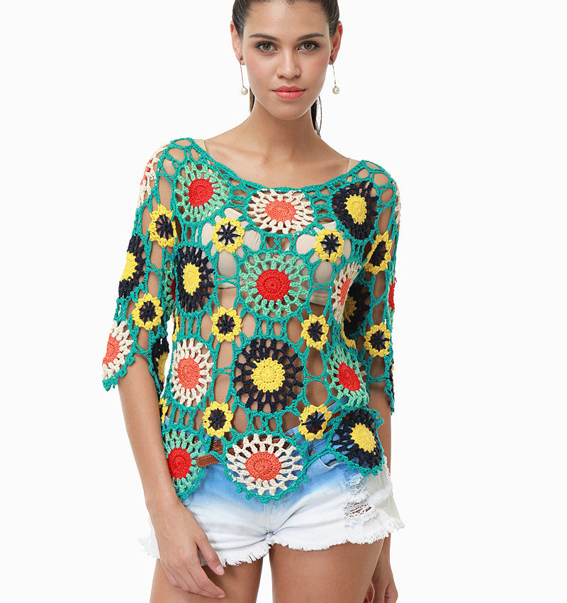 Damen Häkeloberteil mit buntem Floral-Design EB