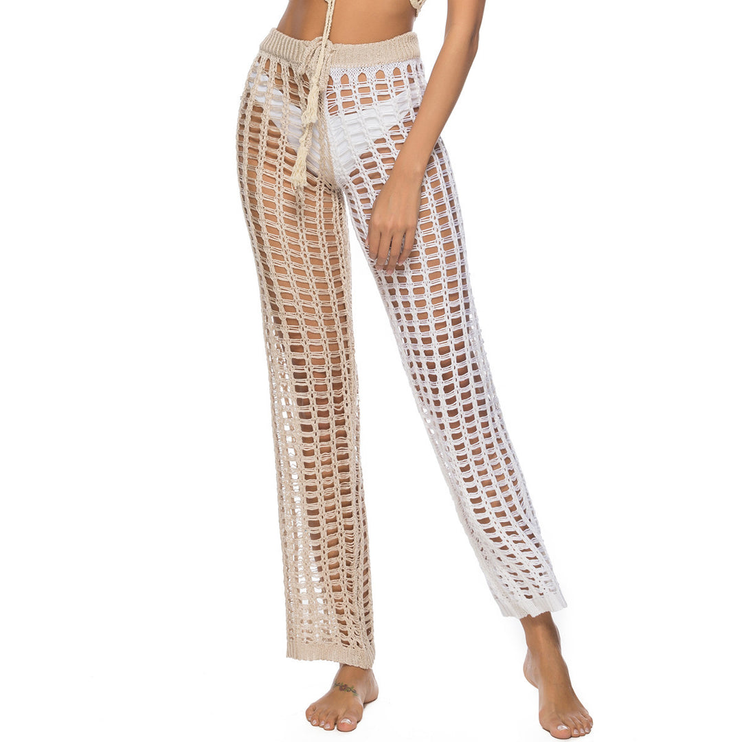 Damen Häkel-Strandhose mit transparentem Muster und modischen Fransen EB