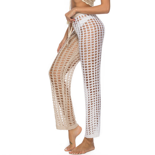 Damen Häkel-Strandhose mit transparentem Muster und modischen Fransen EB
