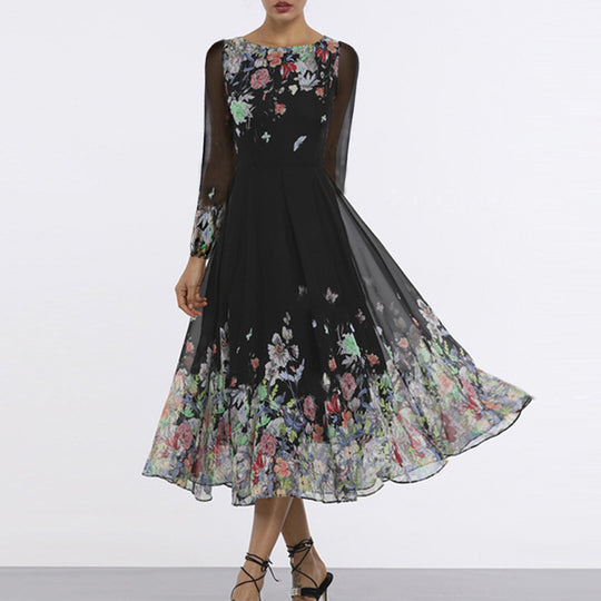 Damen Tüll Maxikleid mit floralen Applikationen und transparenten Ärmeln EB