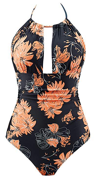 Damen Floral Badeanzug mit tiefem Ausschnitt EB