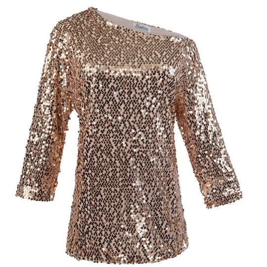 Damen Funkelndes Oberteil mit schulterfreiem Design und Paillettenbesatz EB