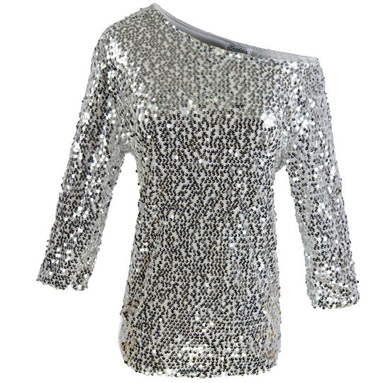 Damen Funkelndes Oberteil mit schulterfreiem Design und Paillettenbesatz EB