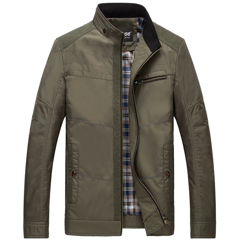 Herren leichte Stehkragen-Übergangsjacke mit kariertem Innenfutter und Reißverschlusstasche EB