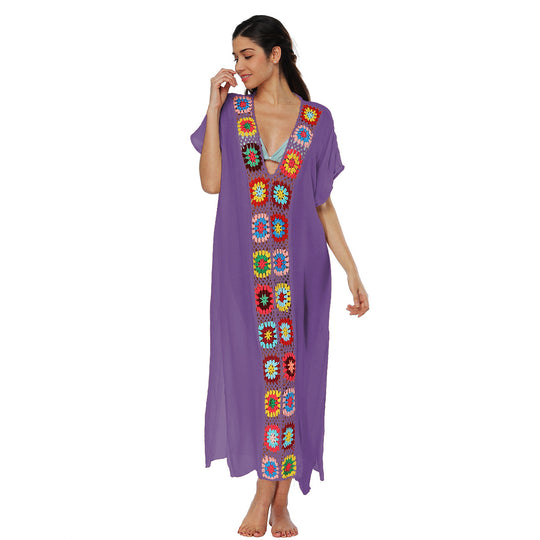 Damen Häkel-Strandkleid mit buntem Blumendesign EB