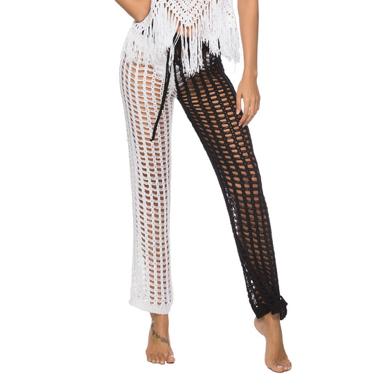 Damen Häkel-Strandhose mit transparentem Muster und modischen Fransen EB
