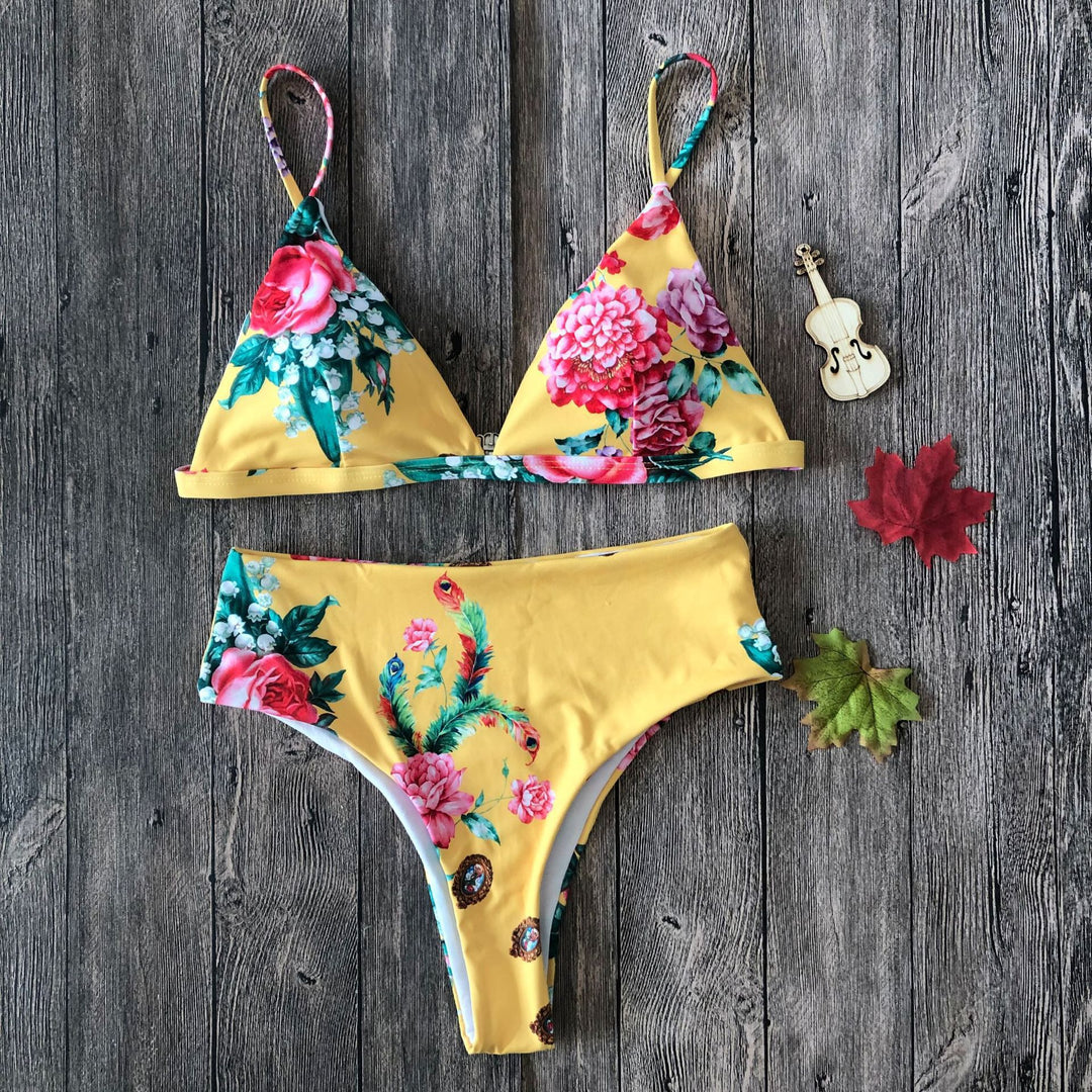 Damen Floral Triangel-Bikini-Set mit hohem Bund EB