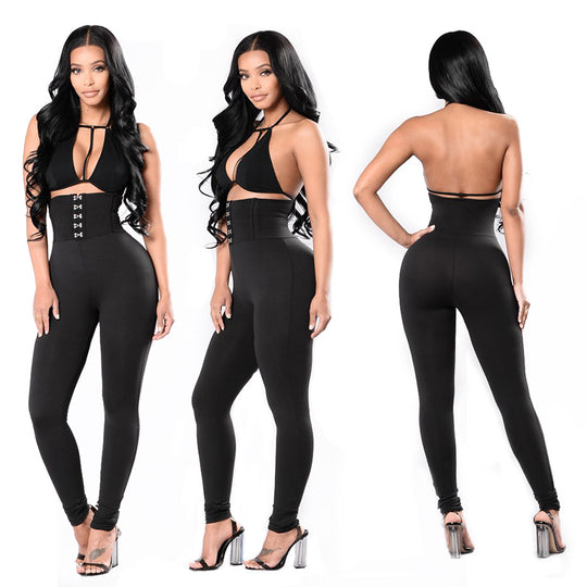Damen Hochtaillierte Leggings mit dekorativem Knopfdesign EB