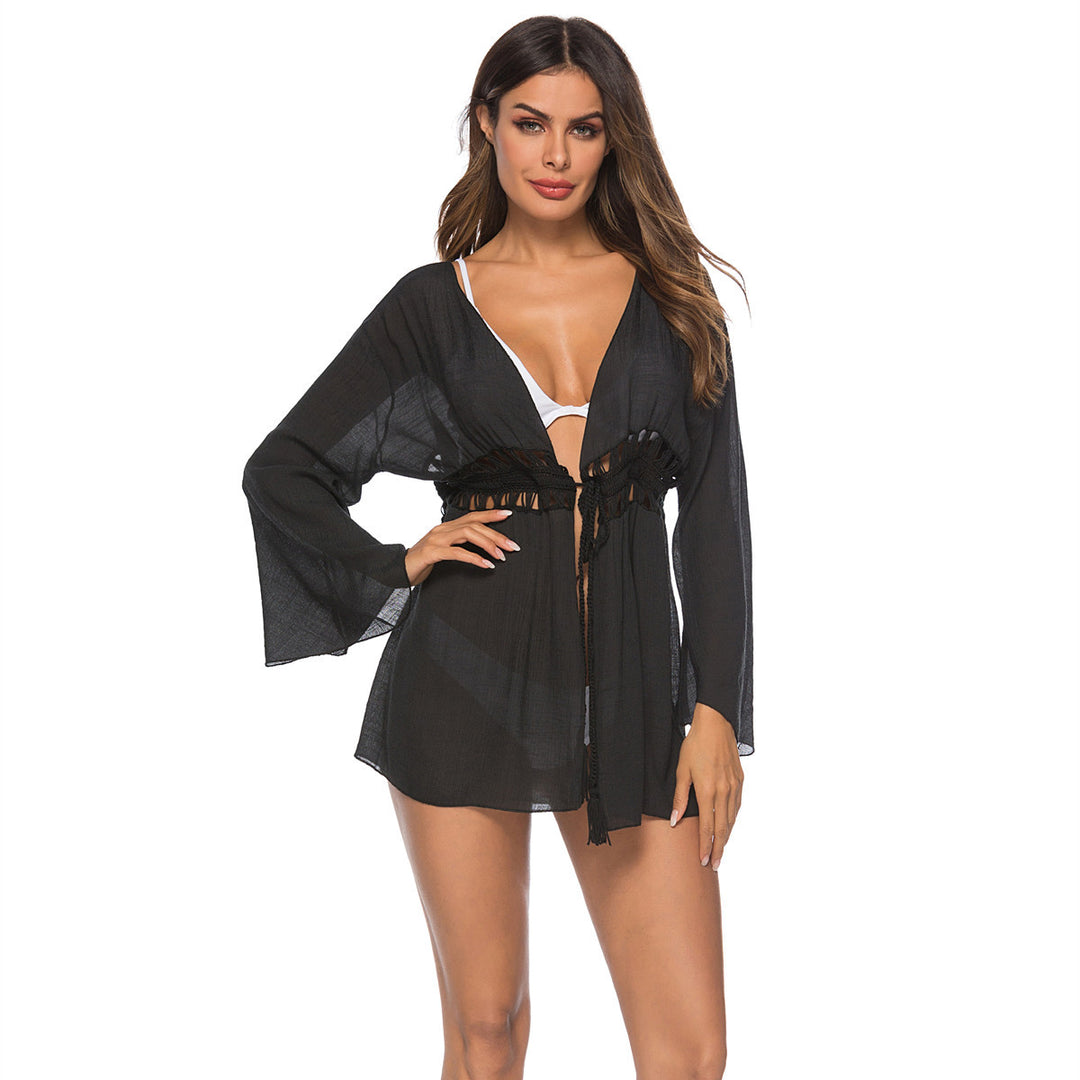 Damen lässige Strandüberwurfjacke mit fransigen Details EB