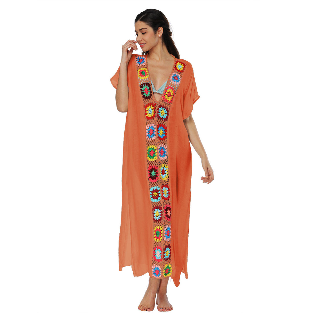 Damen Häkel-Strandkleid mit buntem Blumendesign EB