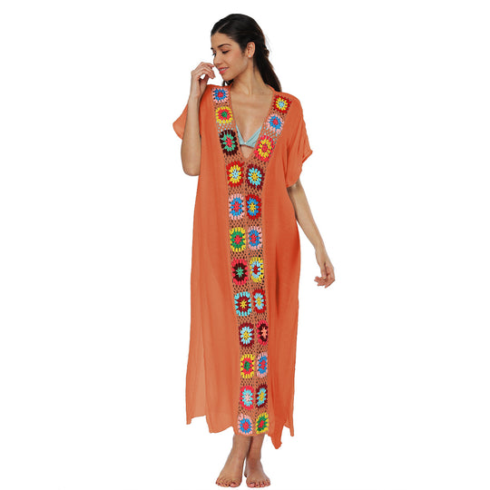 Damen Häkel-Strandkleid mit buntem Blumendesign EB