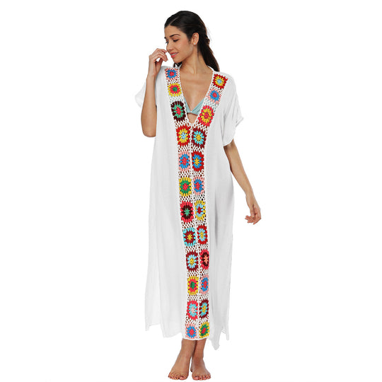 Damen Häkel-Strandkleid mit buntem Blumendesign EB