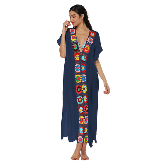 Damen Häkel-Strandkleid mit buntem Blumendesign EB
