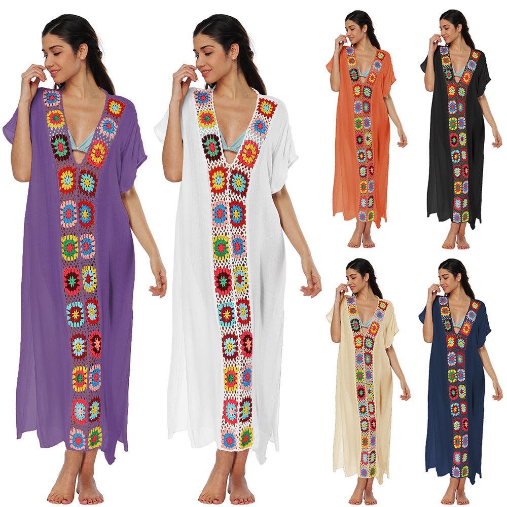 Damen Häkel-Strandkleid mit buntem Blumendesign EB