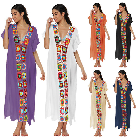 Damen Häkel-Strandkleid mit buntem Blumendesign EB