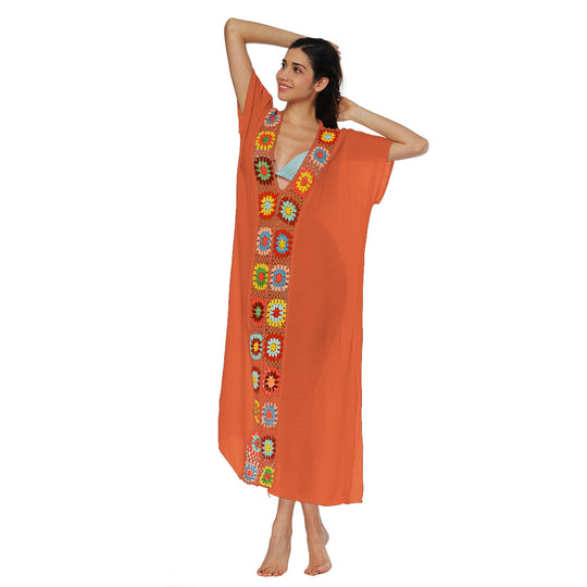 Damen Häkel-Strandkleid mit buntem Blumendesign EB