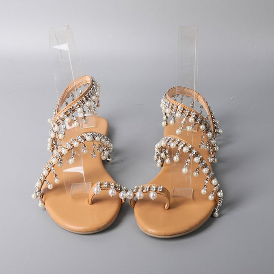 Damen nan opulente Perlen-Riemchensandalette mit hängender Schmuckborte, filigraner Zehenlasche und gepolstertem Komfortfußbett EB
