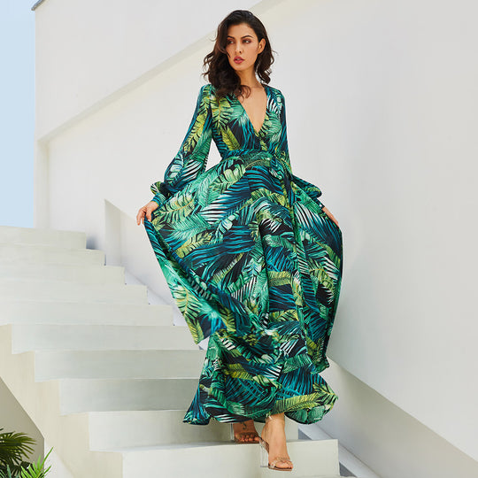 Damen Maxi-Kleid mit floralem Print und voluminösen Ärmeln EB