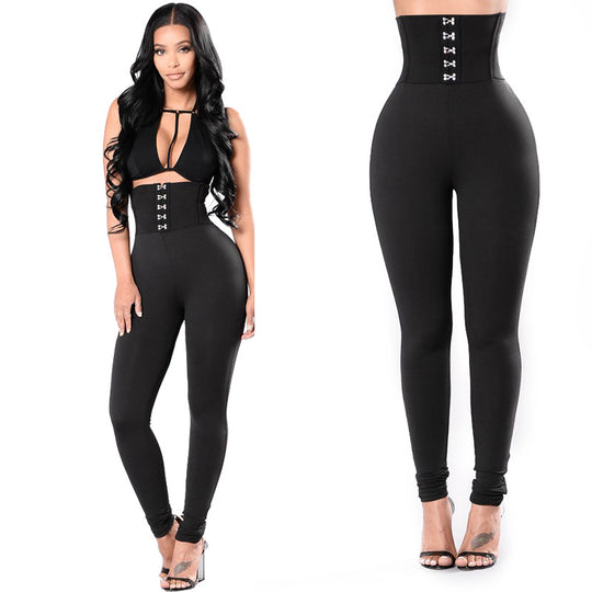 Damen Hochtaillierte Leggings mit dekorativem Knopfdesign EB