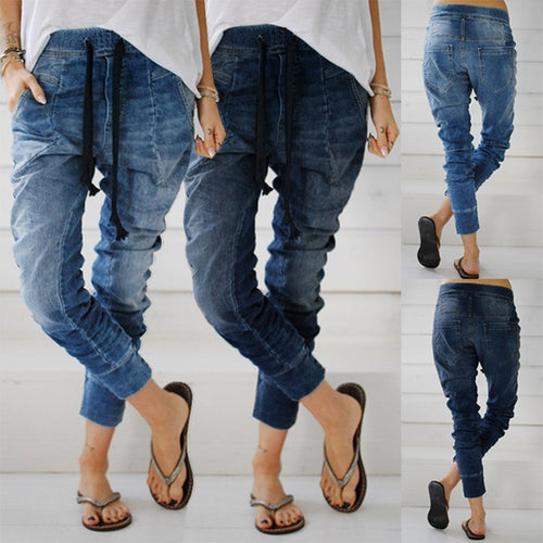 Damen lässige Denim-Haremshose mit Gummizug und tiefem Schritt EB