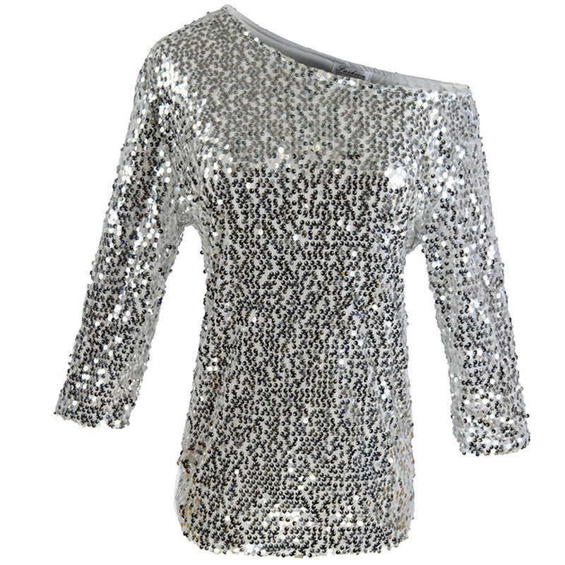 Damen Funkelndes Oberteil mit schulterfreiem Design und Paillettenbesatz EB
