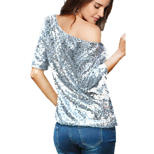 Damen Funkelndes Oberteil mit schulterfreiem Design und Paillettenbesatz EB