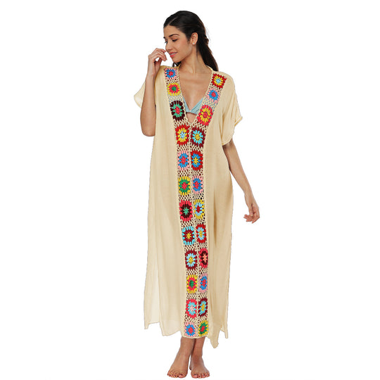 Damen Häkel-Strandkleid mit buntem Blumendesign EB