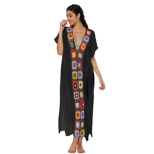 Damen Häkel-Strandkleid mit buntem Blumendesign EB
